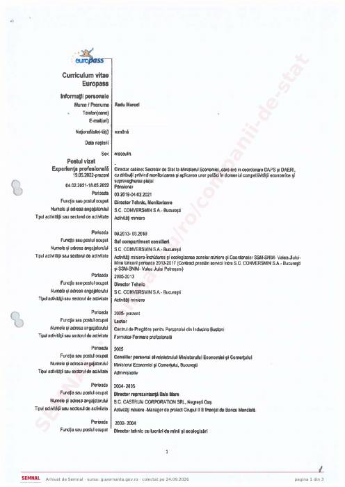 Prima pagină din CV-ul lui Marcel Radu, Membru în Consiliul de Administrație la Cupru Min SA Abrud