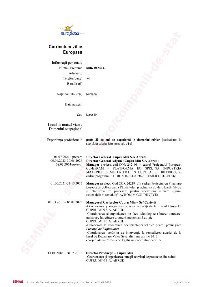 Prima pagină din CV-ul lui Mircea Goia, Director la Cupru Min SA Abrud