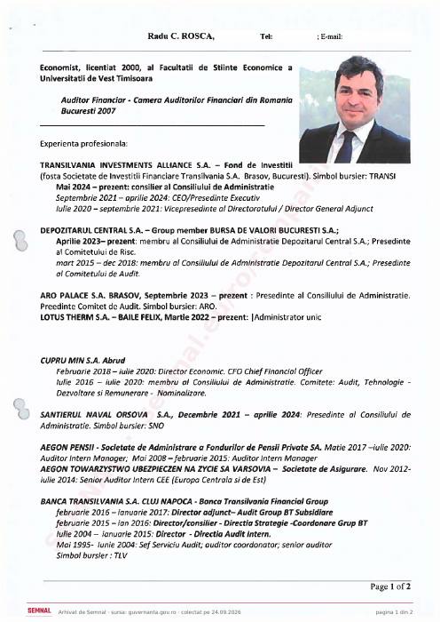 Prima pagină din CV-ul lui Radu Claudiu Roșca, Membru în Consiliul de Administrație la Cupru Min SA Abrud
