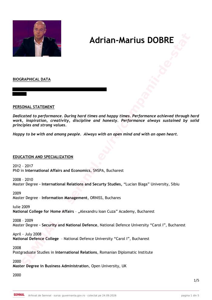 Prima pagină din CV-ul lui Adrian Marius Dobre, Membru în Consiliul de Administrație la Compania Națională UNIFARM SA
