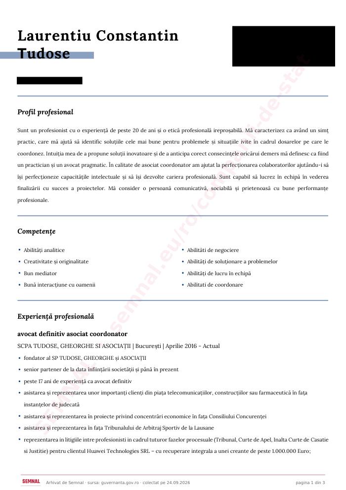 Prima pagină din CV-ul lui Laurențiu Constantin Tudose, Membru în Consiliul de Administrație la Compania Națională UNIFARM SA