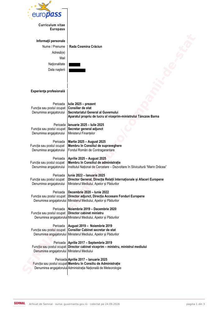 Prima pagină din CV-ul lui Cosmina Crăciun Rada, Membru în Consiliul de Administrație la Administrația Națională de Meteorologie RA