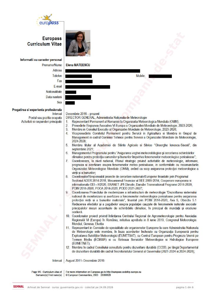 Prima pagină din CV-ul lui Elena Mateescu, Director General la Administrația Națională de Meteorologie RA