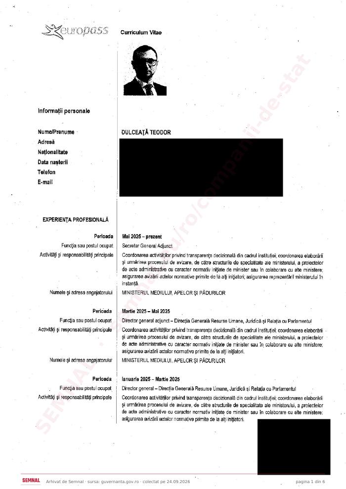 Prima pagină din CV-ul lui Teodor Dulceață, Membru în Consiliul de Administrație la Administrația Națională de Meteorologie RA