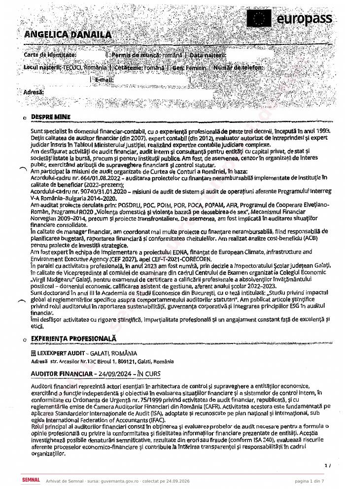 Prima pagină din CV-ul lui Angelica Dănăilă, Membru în Consiliul de Administrație la Compania Naţională Administraţia Porturilor Dunării Maritime SA