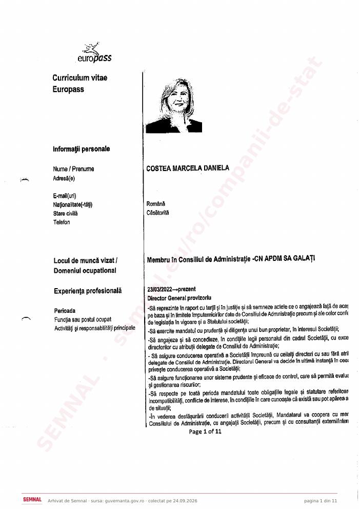 Prima pagină din CV-ul lui Marcela Daniela Costea, Membru în Consiliul de Administrație la Compania Naţională Administraţia Porturilor Dunării Maritime SA