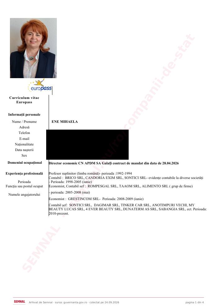 Prima pagină din CV-ul lui Mihaela Ene, Director Economic la Compania Naţională Administraţia Porturilor Dunării Maritime SA