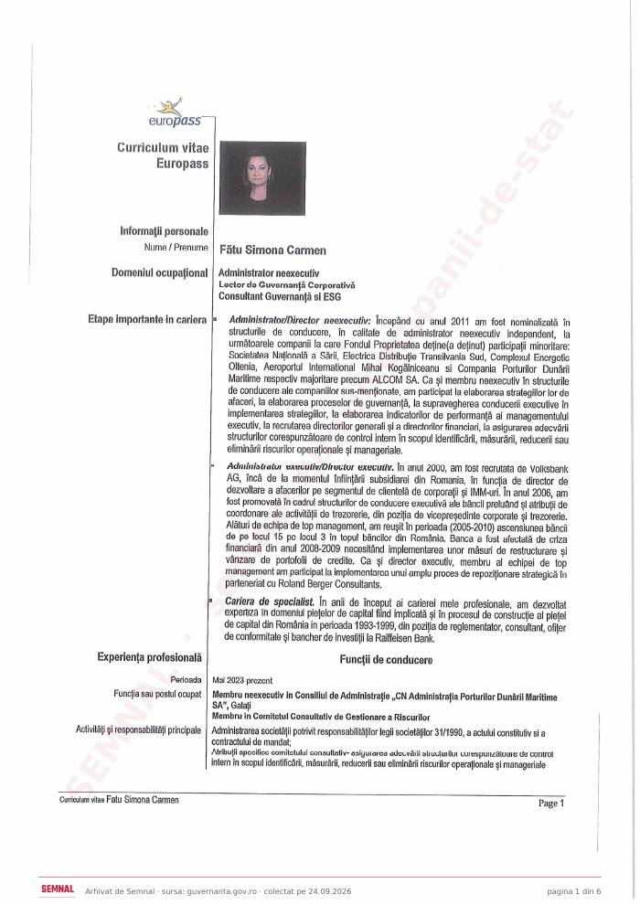 Prima pagină din CV-ul lui Simona Carmen Fătu, Membru în Consiliul de Administrație la Compania Naţională Administraţia Porturilor Dunării Maritime SA