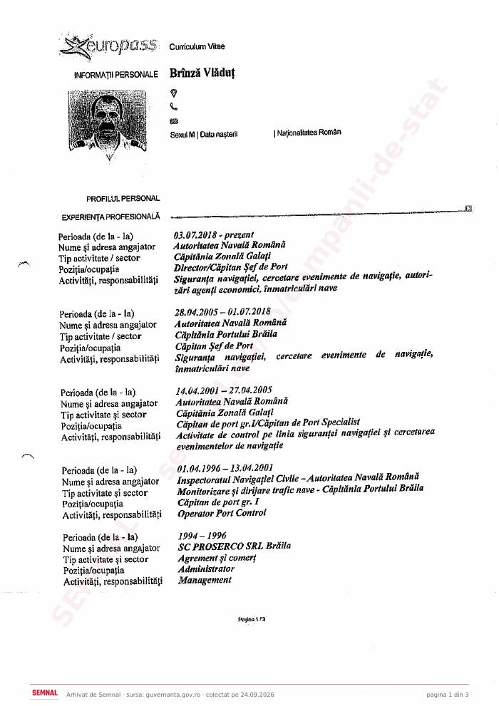 Prima pagină din CV-ul lui Vlăduț Brînză, Membru în Consiliul de Administrație la Compania Naţională Administraţia Porturilor Dunării Maritime SA