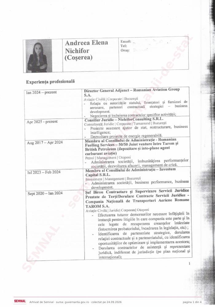Prima pagină din CV-ul lui Elena Andreea Nichifor, Membru în Consiliul de Administrație interimar la Societatea Națională PLAFAR SA