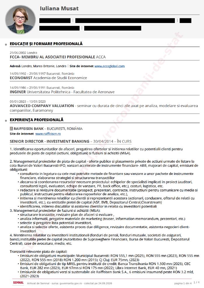 Prima pagină din CV-ul lui Iuliana Mușat, Membru în Consiliul de Administrație interimar la Societatea Națională PLAFAR SA