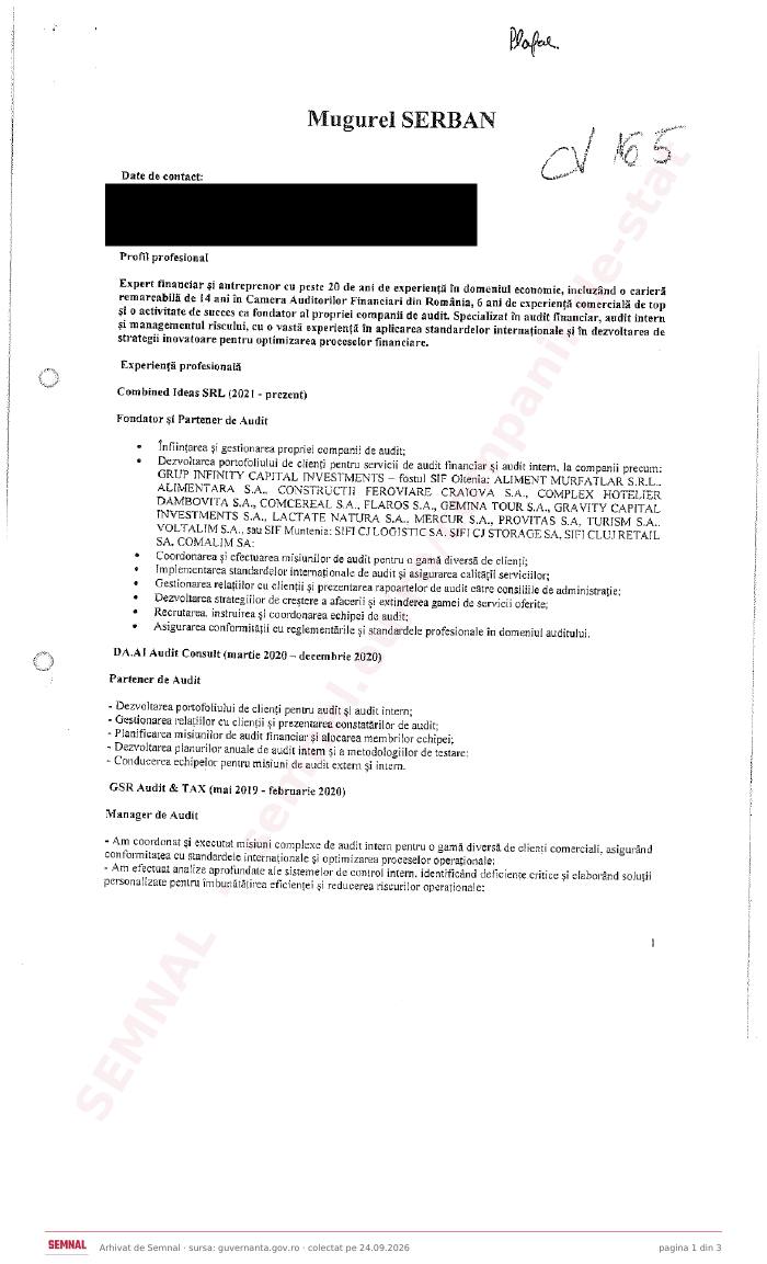 Prima pagină din CV-ul lui Mugurel Șerban, Membru în Consiliul de Administrație interimar la Societatea Națională PLAFAR SA