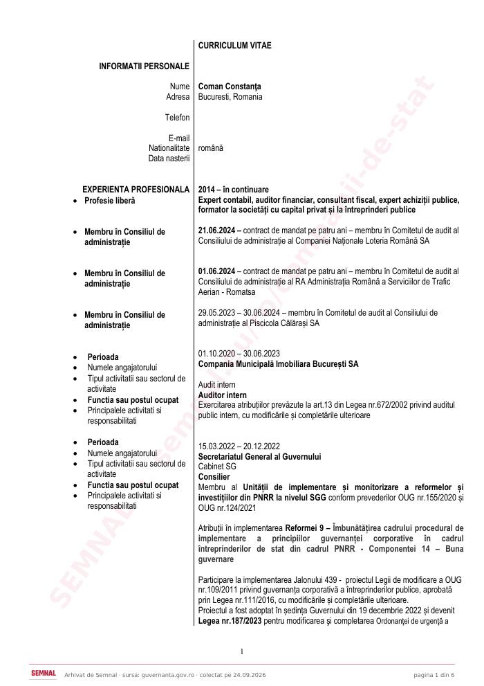 Prima pagină din CV-ul lui Constanța Coman, Membru în Consiliul de Administrație la Compania Națională „Loteria Română” SA