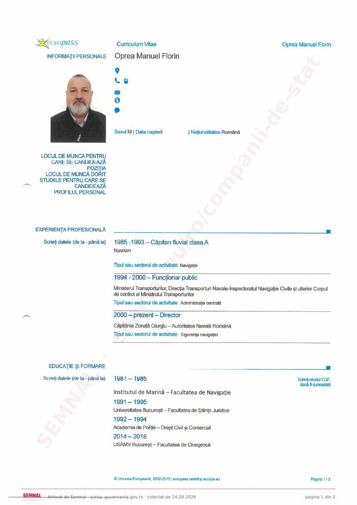 Prima pagină din CV-ul lui Manuel Florin Oprea, Președintele Consiliului de Administrație la Compania Națională Administrația Porturilor Dunării Fluviale SA