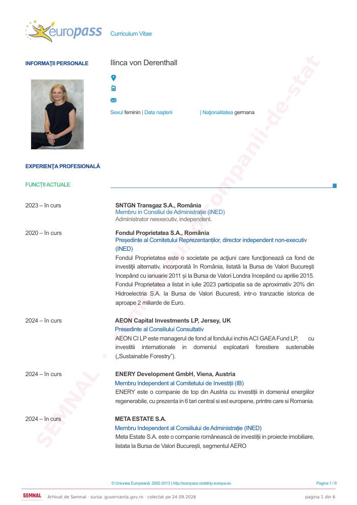 Prima pagină din CV-ul lui Ilinca Von Derenthall, Membru în Consiliul de Administrație la Societatea Naţională de Transport Gaze Naturale Transgaz SA
