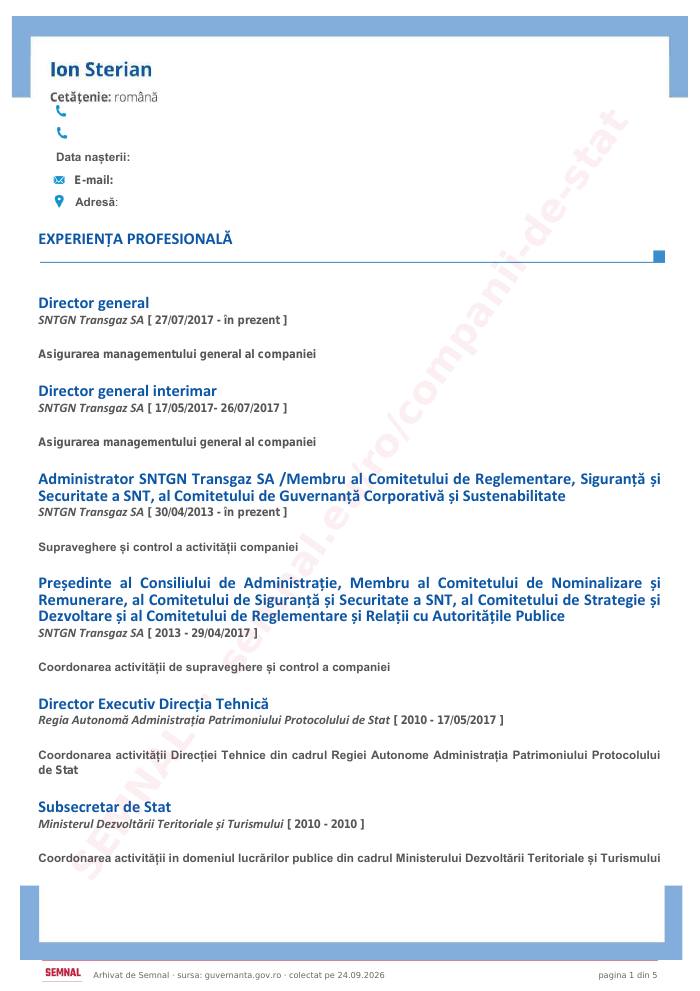 Prima pagină din CV-ul lui Ion Sterian, Membru în Consiliul de Administrație la Societatea Naţională de Transport Gaze Naturale Transgaz SA