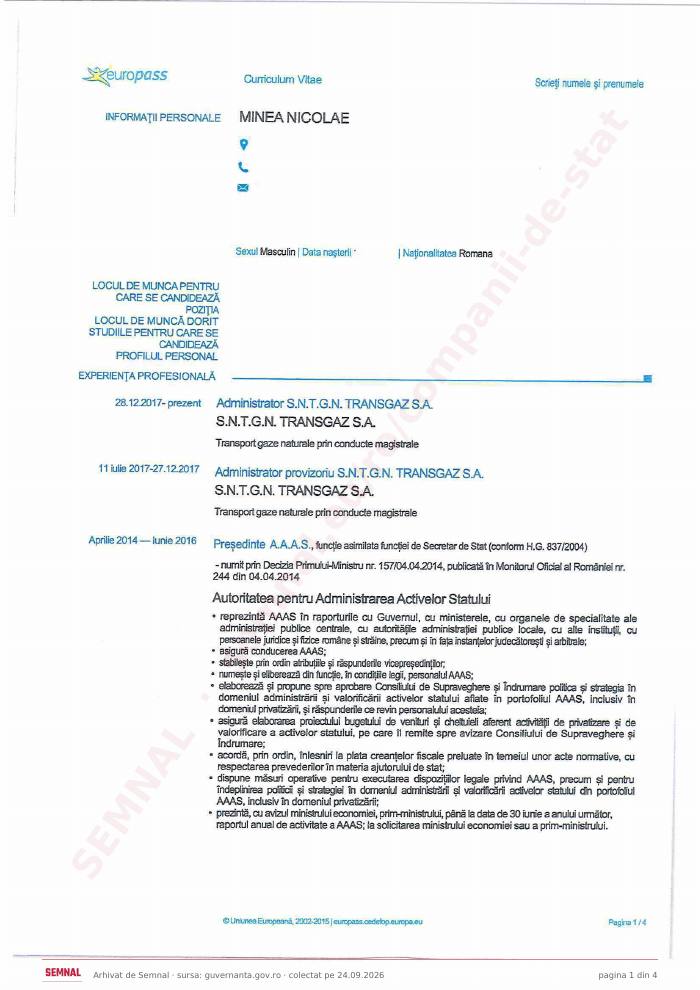 Prima pagină din CV-ul lui Nicolae Minea, Președintele Consiliului de Administrație la Societatea Naţională de Transport Gaze Naturale Transgaz SA