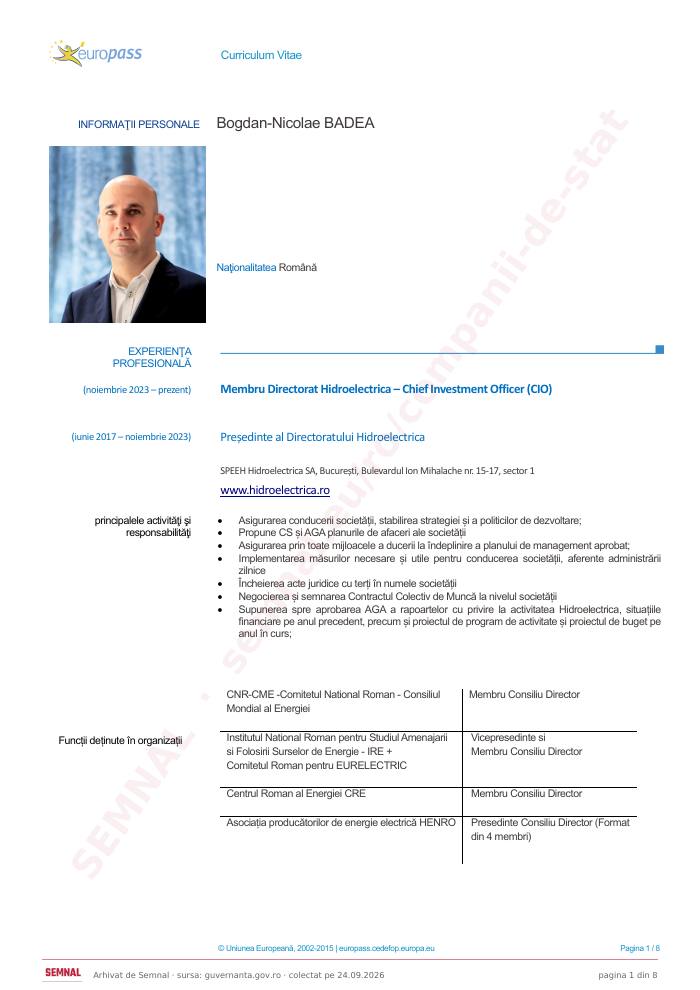 Prima pagină din CV-ul lui Bogdan Nicolae Badea, Membru Directorat la Societatea de Producere a Energiei Electrice în Hidrocentrale „Hidroelectrica” SA