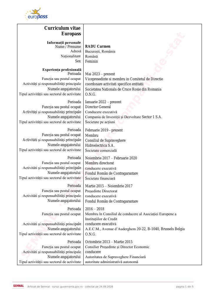 Prima pagină din CV-ul lui Carmen Radu, Membru în Consiliul de Supraveghere la Societatea de Producere a Energiei Electrice în Hidrocentrale „Hidroelectrica” SA