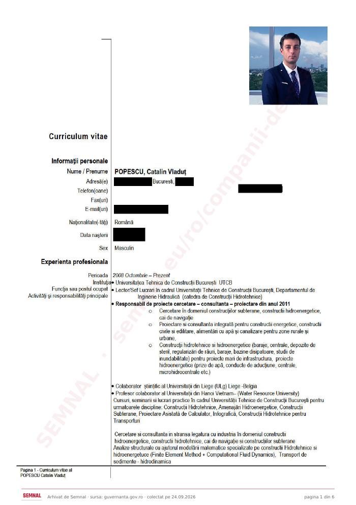 Prima pagină din CV-ul lui Cătălin Vlăduţ Popescu, Membru în Consiliul de Supraveghere la Societatea de Producere a Energiei Electrice în Hidrocentrale „Hidroelectrica” SA
