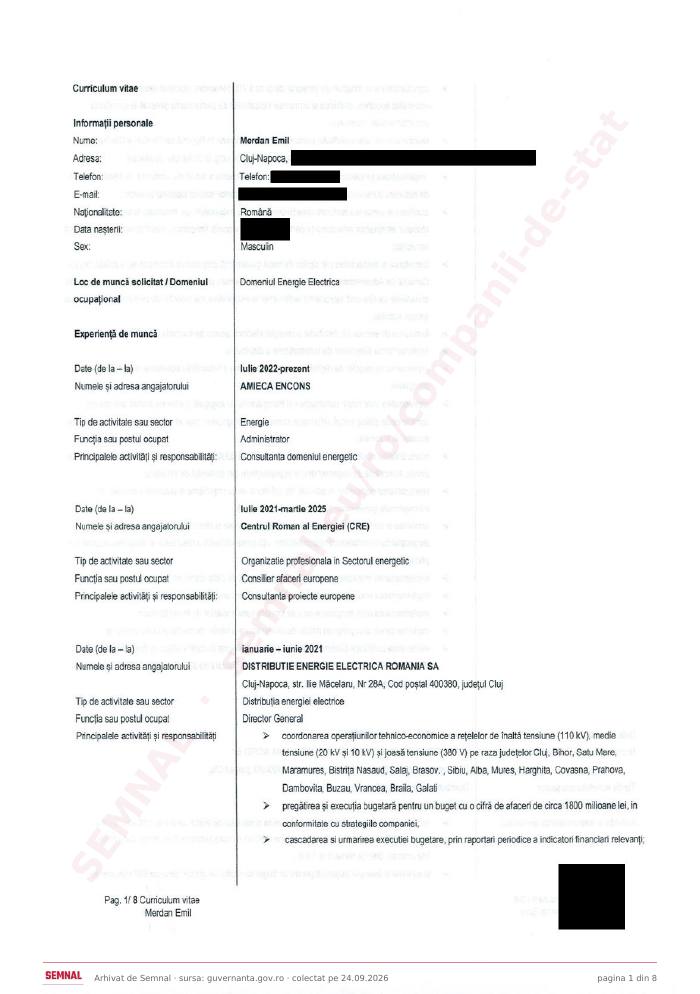 Prima pagină din CV-ul lui Emil Merdan, Membru în Consiliul de Supraveghere la Societatea de Producere a Energiei Electrice în Hidrocentrale „Hidroelectrica” SA