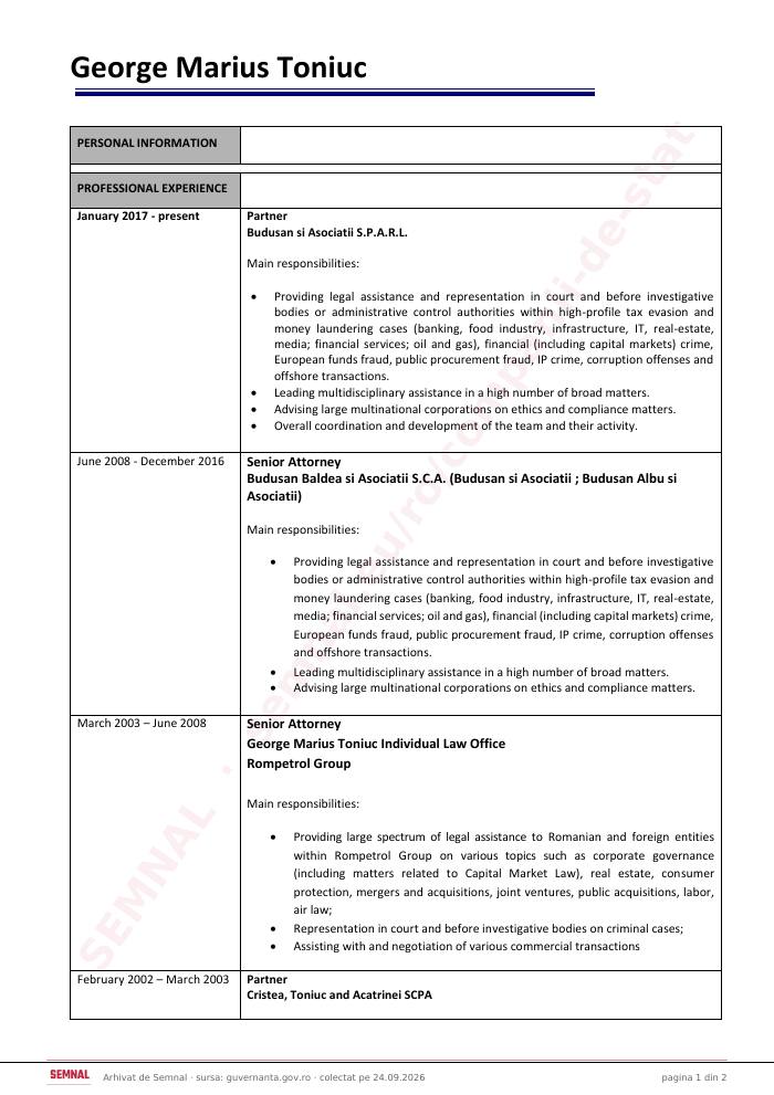 Prima pagină din CV-ul lui George Marius Toniuc, Membru în Consiliul de Supraveghere la Societatea de Producere a Energiei Electrice în Hidrocentrale „Hidroelectrica” SA