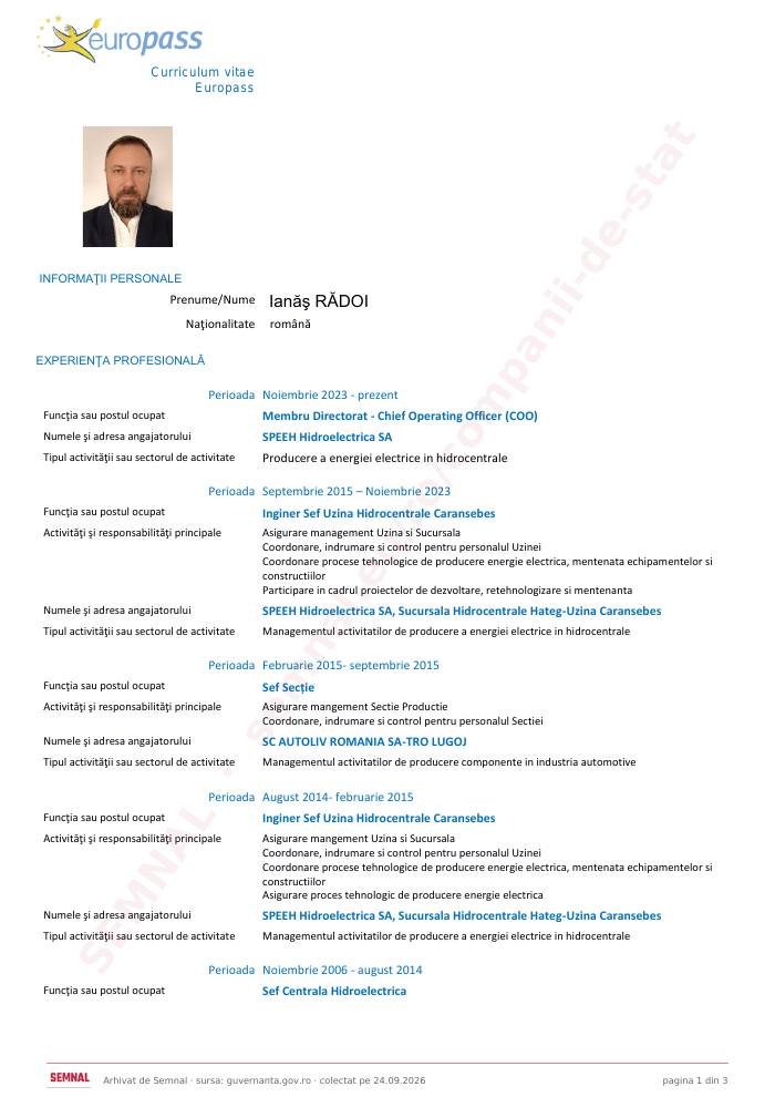 Prima pagină din CV-ul lui Ianăș Rădoi, Membru Directorat la Societatea de Producere a Energiei Electrice în Hidrocentrale „Hidroelectrica” SA