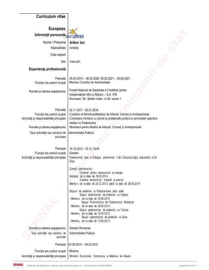Prima pagină din CV-ul lui Ion Ariton, Membru în Consiliul de Supraveghere la Societatea de Producere a Energiei Electrice în Hidrocentrale „Hidroelectrica” SA