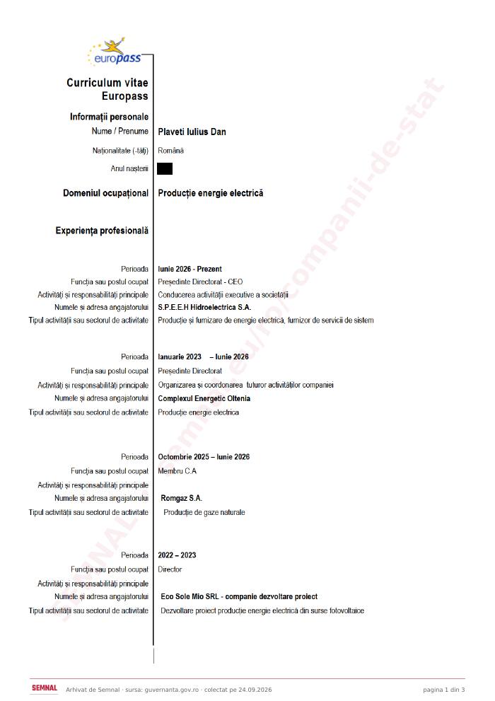 Prima pagină din CV-ul lui Iulius Dan Plaveti, Președinte Directorat la Societatea de Producere a Energiei Electrice în Hidrocentrale „Hidroelectrica” SA