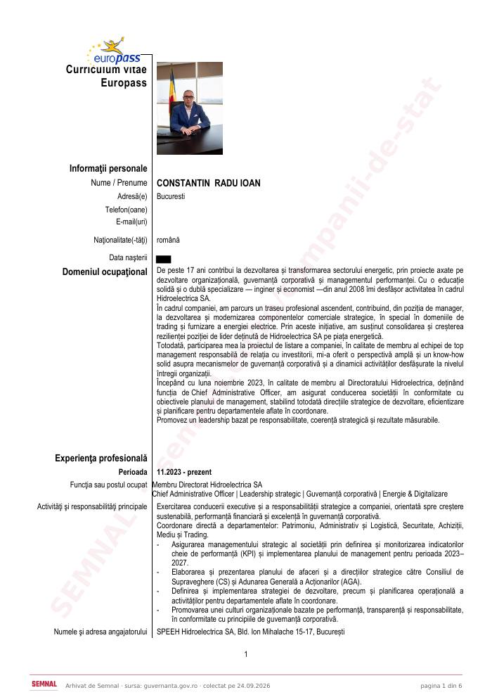Prima pagină din CV-ul lui Radu Ioan Constantin, Membru Directorat la Societatea de Producere a Energiei Electrice în Hidrocentrale „Hidroelectrica” SA